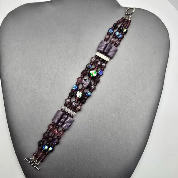 VTG Sterling Silver Purple AB Crystal Foil Leaf & Floral Beaded Bracelet 7.5" - Picture 9 of 10